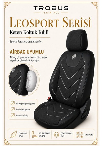 Hyundai I10 2007 Sonrası Uyumlu Leosport Serisi Ortopedik Keten Oto Koltuk Kılıfı Siyah Beyaz