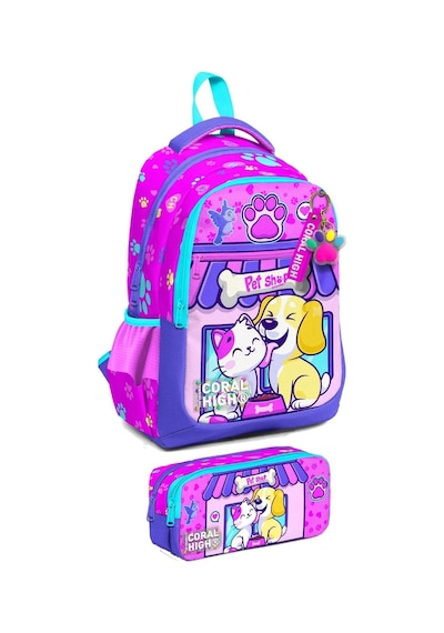 Coral High İlkokul Sırt Çantası ve Kalemlik Seti - Kız Çocuk - Kedi Köpek