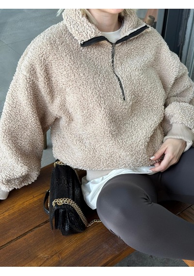 Bej Peluş Fermuar Yaka Sweatshirt Mg1413 Bej