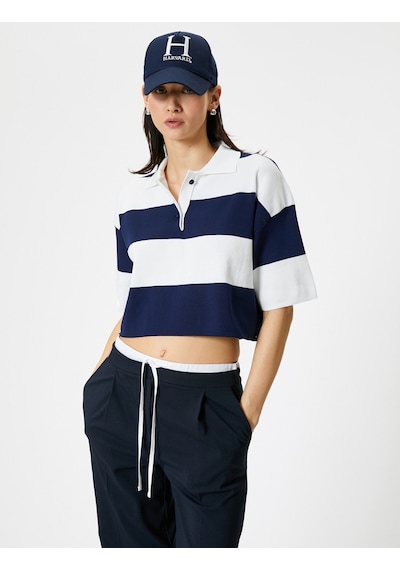 Koton Polo Yaka Kazak Oversize Kısa Kollu Lacivert Çizgili 4sak90104ht Lacivert