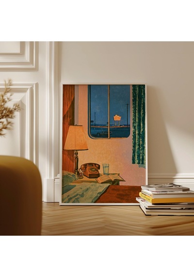 Motel Odası Pencere Baskısı Hopper Tarzı Gece Manzarası Vintage Otoyol Estetiği Duvar Sanatı