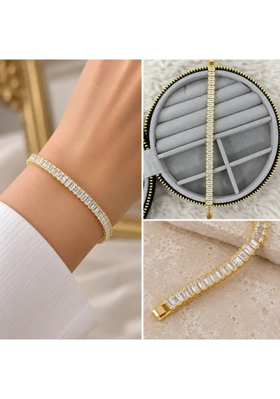 Premium Parlak Ve Şık Baget Taşlı Gold Renk 316l Çelik Kadın Bileklik 20cm Altın