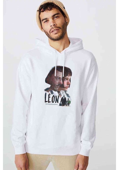 Leon Baskılı Beyaz Erkek Örme Kapşonlu Sweatshirt (531042946)