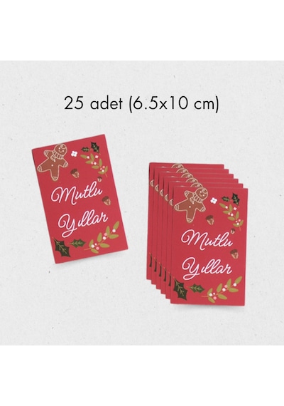 Yılbaşı Mutlu Yıllar Yazılı Hediye Kart Seti, Yeniyıl Paketleme Kartı, 25 Adet-6,5x10 Cm, Kırmızı