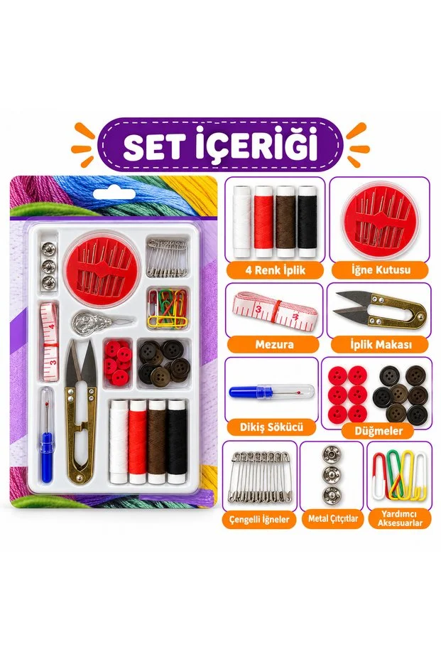 Çok Parçalı Dikiş Seti 4 Renk İplik İğne Makas Mezura Düğme Çengelli İğne Tamir Seti