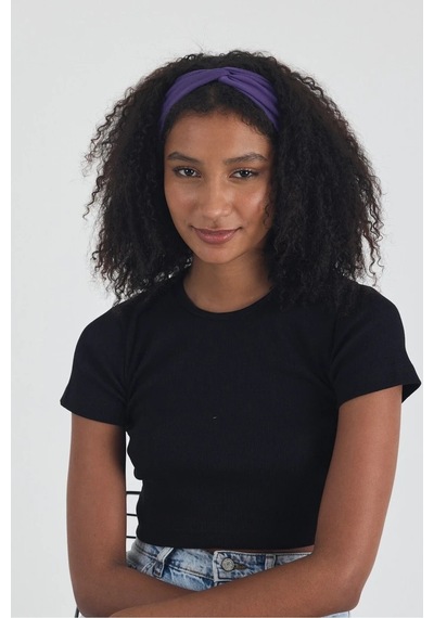 Butikgiz Siyah Kısa Kol Bisiklet Yaka Vücuda Oturan Kaşkorse Crop + Bandana Set %100 Pamumklu, Esnek Rahat Siyah-mor