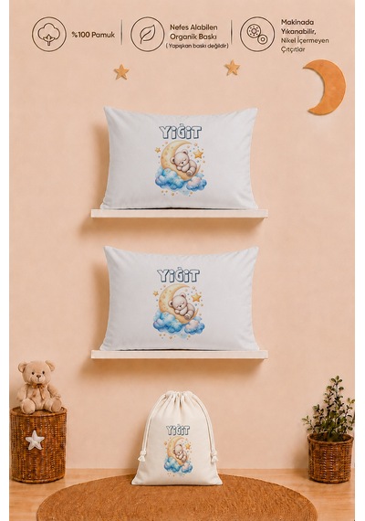 İsimli Erkek Bebek Hediye Seti 2 Adet 35x45 %100 Pamuk Yastık Kılıfı Ve Ham Bez Kıyafet Kesesi 1113y2kyx