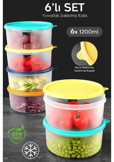 Meleni Home Organizer Düzenleyici Erzak Kabı Yuvarlak Gıda Saklama Kabı Seti Çok Renkli 6 x 1200 ML Çok Renkli