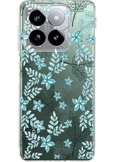 Xiaomi Mi 14 İle Uyumlu Floral Su Yeşili Baskılı Kamera Korumalı Şeffaf Kılıf