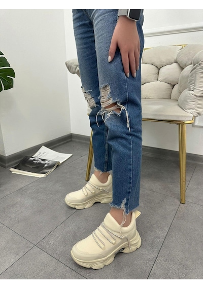 Erva'nın Butiği Bej Dore Kadın Gizli Topuklu Bağcıklı Sneakers-5263