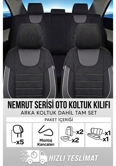 Nemrut Serisi Lakost Kumaş Universal Oto Koltuk Kılıfı Tam Set Siyah-Beyaz