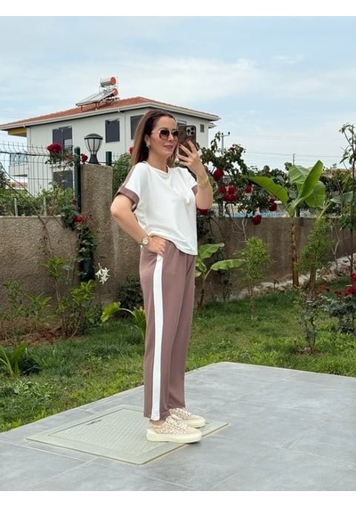 Modi Kadın Modal Dokulu Kumaş Yanı Şeritli Takım Kahve
