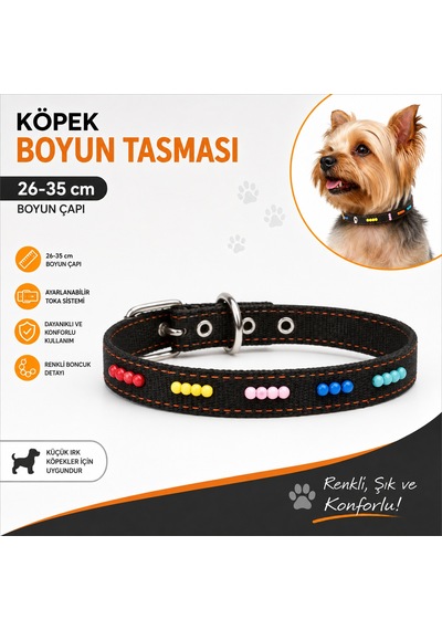 Boncuklu Köpek Boyun Tasması 26-35 Cm Küçük Irk Ayarlanabilir Metal Tokalı D Halkalı - Siyah Çok Renkli