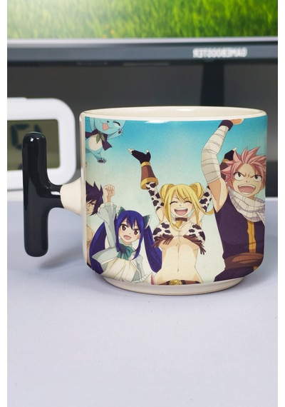 Fairy Tail Anime Baskılı Seramik Lüks Kupa 1 Adet T Şeklinde Özel Siyah Kulp Dalga Kulp V4t Çok Renkli