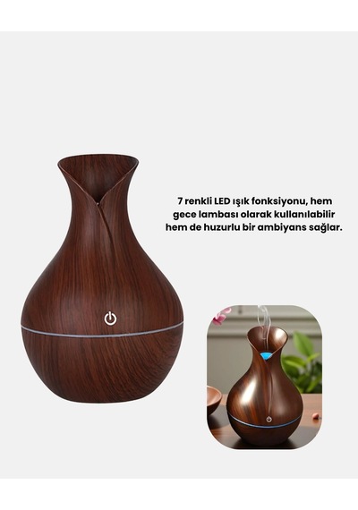 Ahşap Desenli Aromaterapi Difüzör 130 Ml Ultrasonik Ve 7 Renk Led Işıklı
