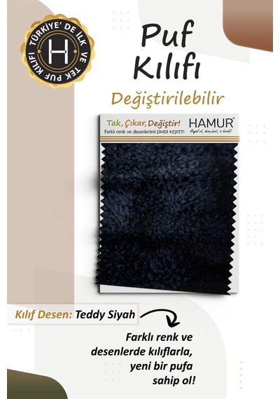 Yıkanabilir Puf Tabure Kılıfı Tak-Çıkar-Değiştir-Yenile Orta Sehpa Kılıfı Bb Teddy Siyah