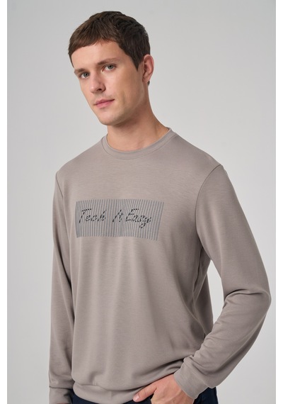 Morven Erkek Taş Trend Baskılı Bisiklet Yaka Sweat-shirt 26ks063014870 Taş