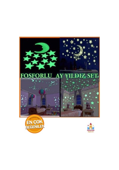Gece Parlayan Duvar Tavan Süsü Yapışkanı İçinde Fosforlu Yıldız Ay Figürlü Gece Süsü Fosforlu Süs