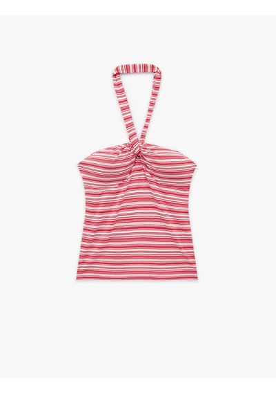 Koton Koton X Sibil Çetinkaya - Viskon Kumaş Slim Fit Çizgili Halter Yaka Top Kırmızı Çizgili 6sak10070uk
