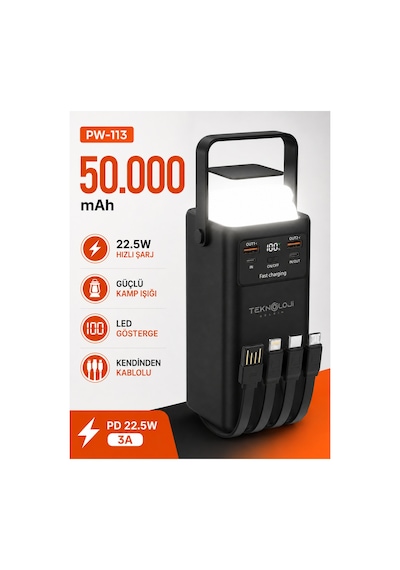 50.000 Mah Powerbank 22.5w Hızlı Şarj Lcd Ekran 4 Çıkış 4 Kablo Kamp Işıklı Taşınabilir Batarya Siyah
