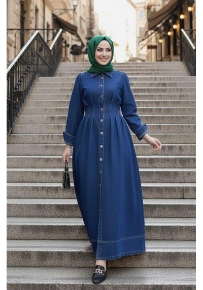Hb Harma Time Butik Kadın Beli Büzgülü Düğmeli Koyu Kot Mavi Elbise Koyu Mavi