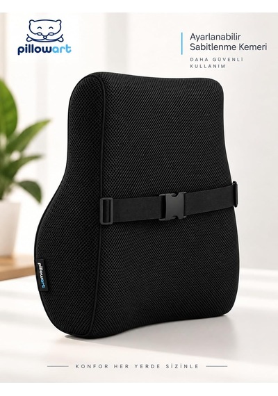 Pillowart Ortopedik Visco Sırt Bel Destek Minderi Ofis Koltuğu İçin Ergonomik Anatomik Lomber Ve Postür Desteği Siyah