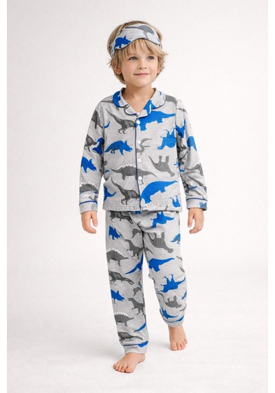 Beka Kids Desenli Uzun Kollu Önden Düğmeli Gömlek Yaka Erkek Çocuk Pijama Takımı Ve Göz Bandı Gri