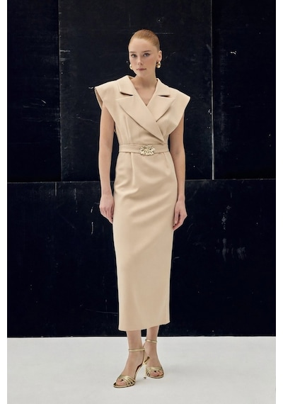 Sateen Aksesuar Detaylı Maxi Elbise - Bej-137076 Bej