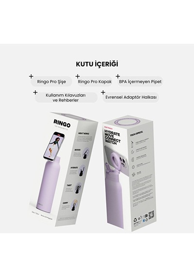 Ringo Pro Manyetik Telefon Tutuculu Termal Paslanmaz Çelik Su Şişesi Pipetli Kapak 24 Oz / 710 Ml Lila