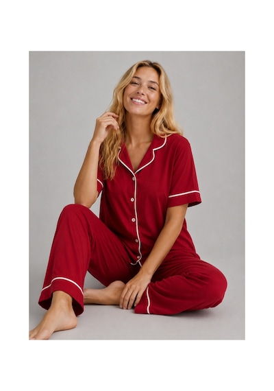 Rindahomewear Kadın Pamuklu Örme Kumaş Kırmızı Kısa Kol Düğmeli Arabiyeli Pijama Takım Kırmızı