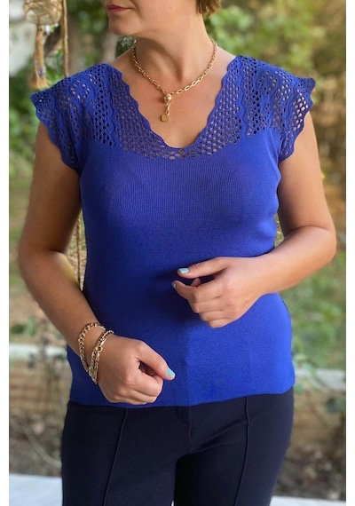 Mia Butik Kadın Saks Mavi Sıfır Kol Ajurlu Triko Bluz-1268 Saks Mavi