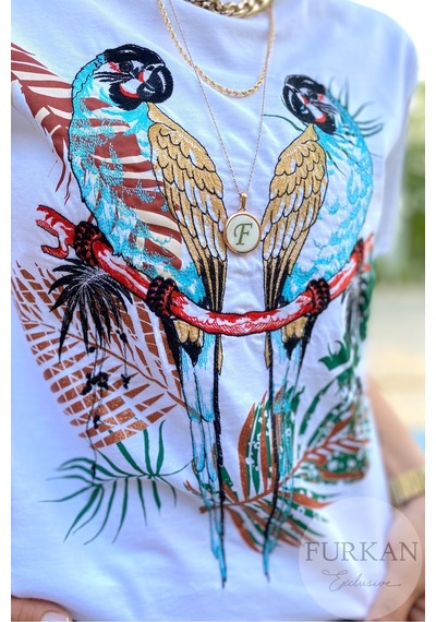 Femelle Kadın Beyaz Papağan Nakışlı Pamuk T-shirt
