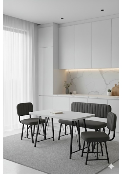 Elfin 70x110 Beyaz Sabit, 2 Sandalye 1 Bench, Masa Sandalye Takımı, Mutfak Masası Takımı - Antrasit Elfin 70x110 Beyaz Sabit, 2 Sandalye 1 Bench, Masa Sandalye Takımı, Mutfak Masası Takımı - Antrasit
