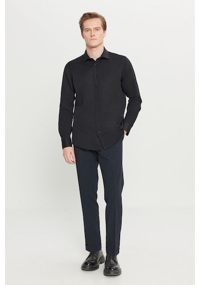 AC&Co / Altınyıldız Classics Erkek Sıyah Pamuklu Tailored Slim Fit Dar Kesim Klasik Yaka Armürlü Cepli Gömlek Siyah