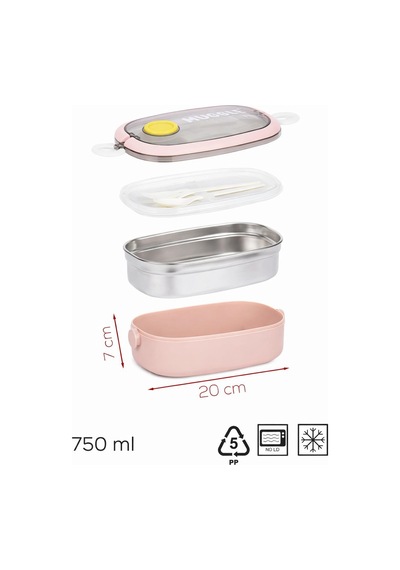 Paslanmaz Çelik Yemek Kabı 750 Ml - Çatal Kaşık Setli, Çift Kilitli Tasarım- Pembe Renk Çok Renkli