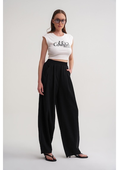 Mixray 4682 Kadın Beli Lastikli Jogger Bol Keten Pantolon Siyah