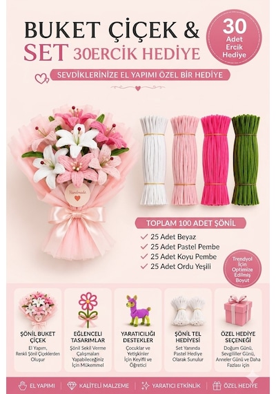 Şönil Çiçek Yapım Seti 100 Adet Beyaz,pastel Pembe,k.pembe,ordu Yeşili