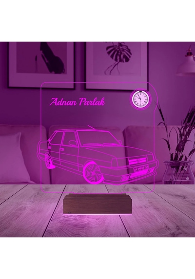 Luvivia Klasik Araba Fiat Tofaş Tofaşk Doğan Şahin Kişiye Özel Metal Saatli 3d Lamba - Masa Gece Lambası Şeffaf