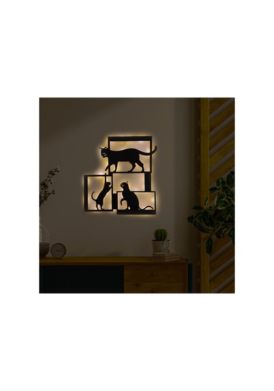 Led Işıklı Çerçeveli Kediler Dekoratif Tablo Balkon Duvar Dekorlu Gece Lambası Sarı - 737217534 Sarı