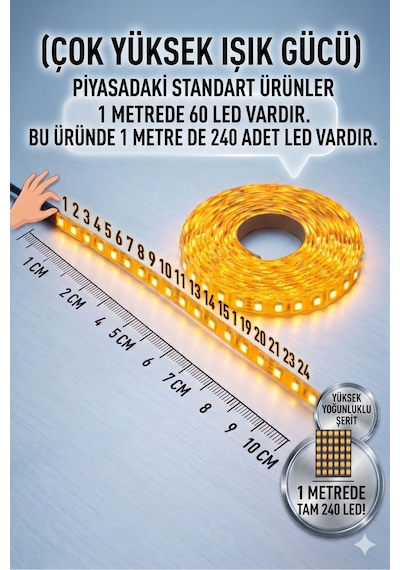 Amber Şerit Led İç Mekan ,metre 240 Ledli Şerit Led Mutfak Dolabı Tezgah Üstü 12v 5m Tarafo İle Çalışır.led Lamba,kendinden Yapışkanlı Turuncu