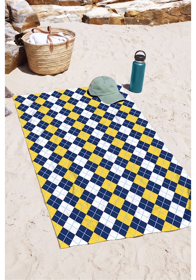 Ekose Geometrik Desenli Plaj Havlusu - Modern Sarı Lacivert Beyaz Hızlı Kuruyan Mikrofiber Havlu Eski Ada