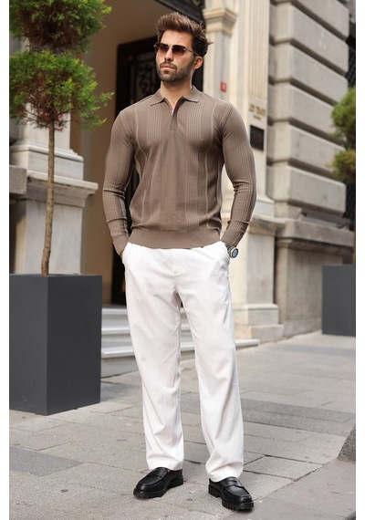 Madmext Açık Kahve Polo Yaka Slim Fit Erkek Triko Kazak E7527 Açık Kahverengi