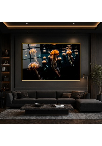 Koyu Mavi Suda Parlayan Turuncu Denizanaları Gold Çerçeveli Cam Tablo