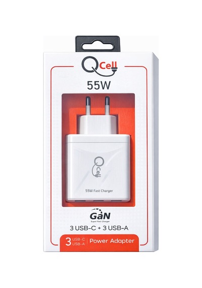 Qcell Super Fast Charger 6 Port 55 Watt Gan Beyaz Adaptör Süper Hızlı Şarj