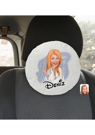 Bk Gift Kişiye Özel İsimli Kadın Model Karikatürlü Yuvarlak Araç Koltuk Yastığı-2 Çok Renkli