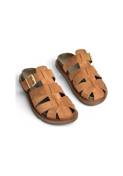 Fox Shoes Y596549502 Taba Süet Tokalı Önü Kapalı Kadın Terlik