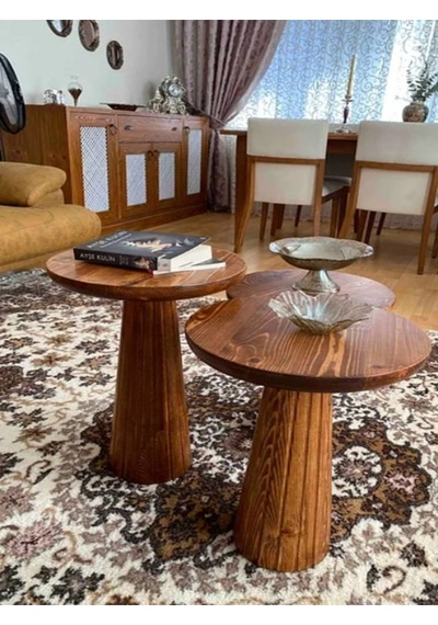 Wood Wooden Ahşap 3 Lü Set Fitilli Mantar Yan Sehpa Modern Açık Ceviz Renk Fiskos Açık Ceviz