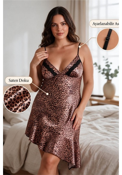 İçtemoda Büyük Beden İp Askılı Leopar Desenli Saten Gecelik 2105