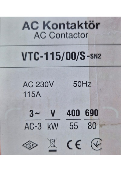 Viko Vtc-115/00/s-sn2 55 Kw-115a Ac 230v 50hz 3-kutup Kontaktör