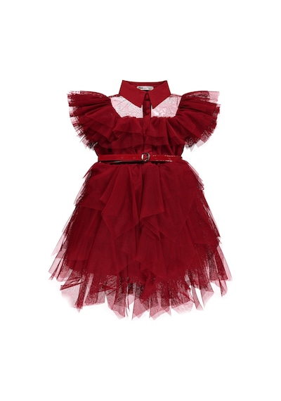 Civil Girls Beli Kemerli Tül 6-12 Yaş Elbise - Kırmızı